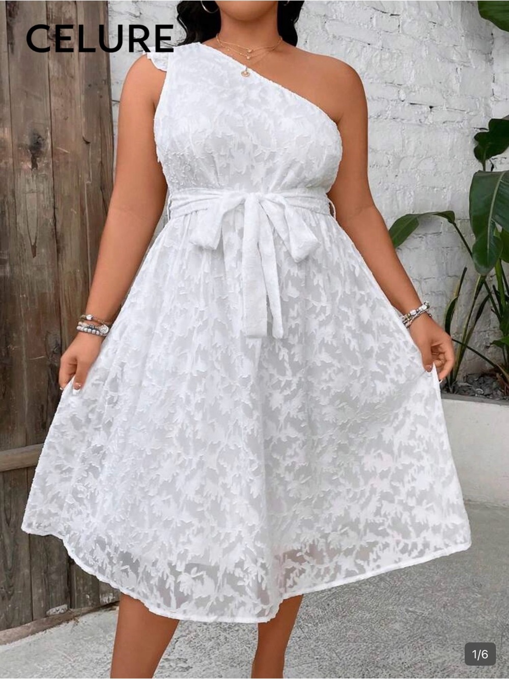 SHEIN White One-Shoulder Lace Midi Dress with Tie Waist NWOT